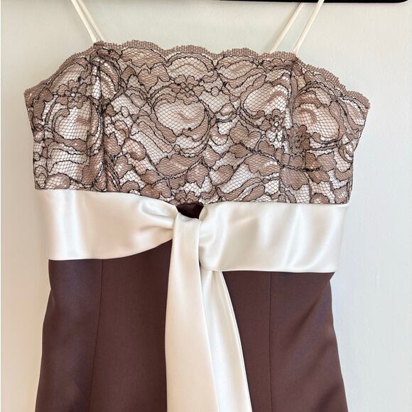 VTG Brown Satin Evening Gown – Ivory Lace Bodice, Spaghetti Straps, Made in USA - Picture 3 of 8